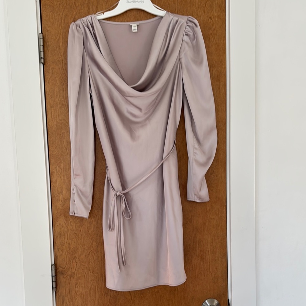Purple Sheath Dress with Cowl Neck and Bishop Sleeves